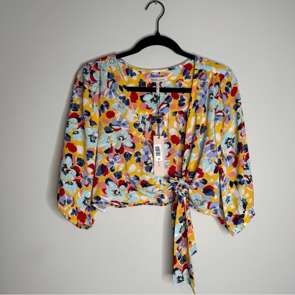 BCBGeneration women's multicolor floral tie-front top.